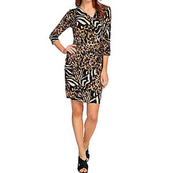 aDRESSing WOMAN Size L Stretch Knit Dress 3/4 Sleeve Ruched Knee Length Leopard - Picture 2 of 6